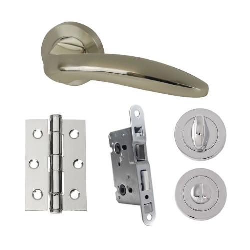 UAP Developer Lancer Door Pack with Hinges and Bathroom Lock in Polished Nickel / Satin Nickel